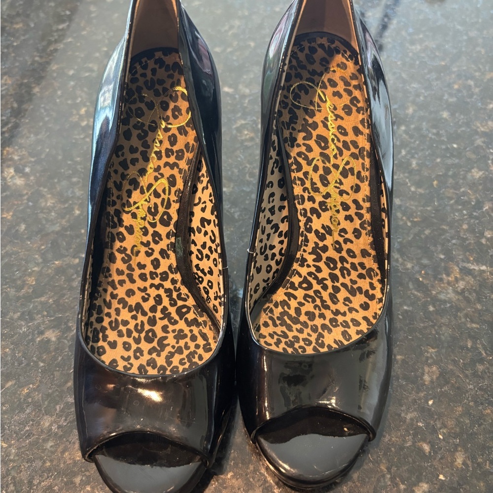 Jessica Simpson Black Patent Leather Peep-Toe Heels